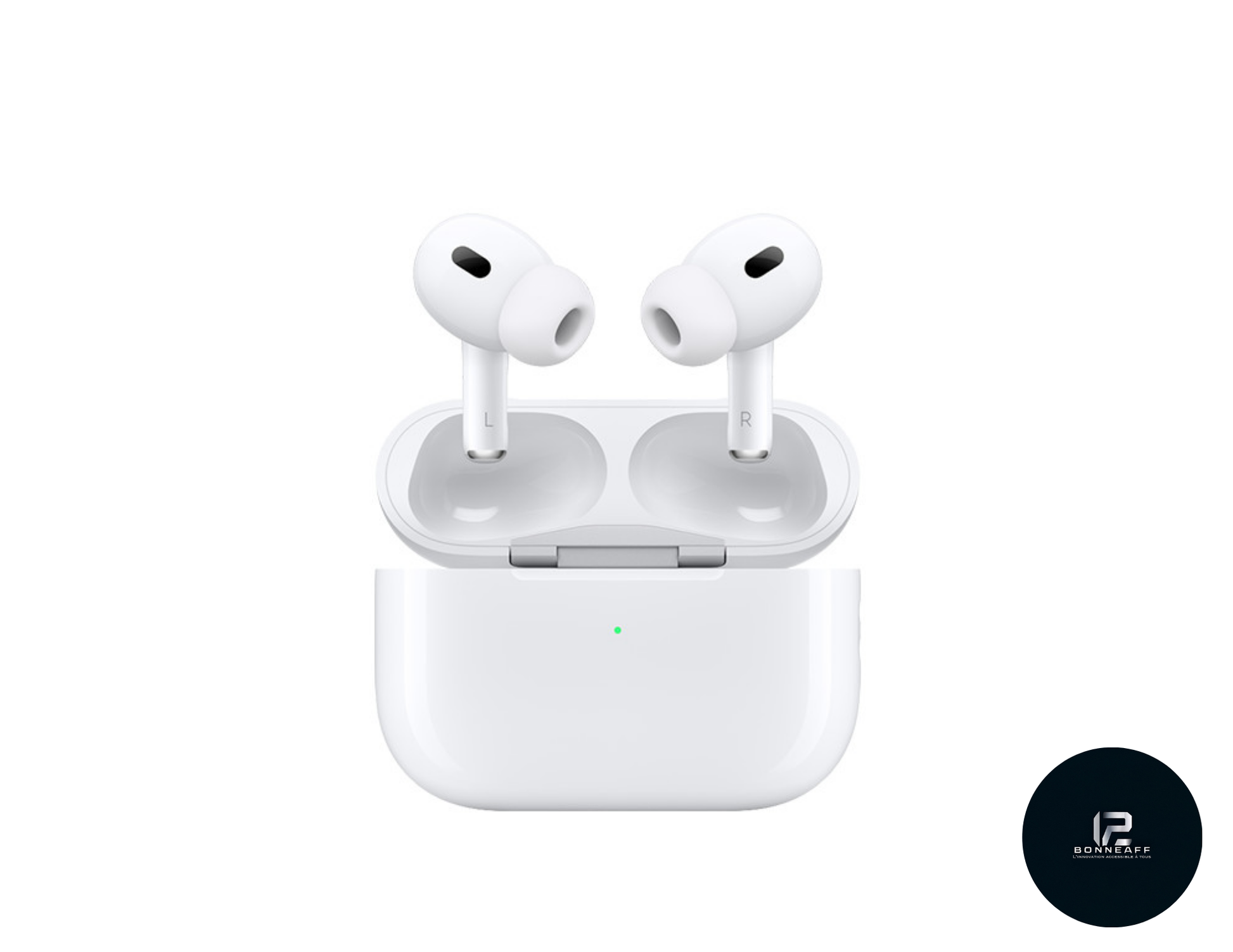 Paire d'écouteur minipods pro 2, dont le boitier est ouvert faisant apparaitre les deux écouteurs. 