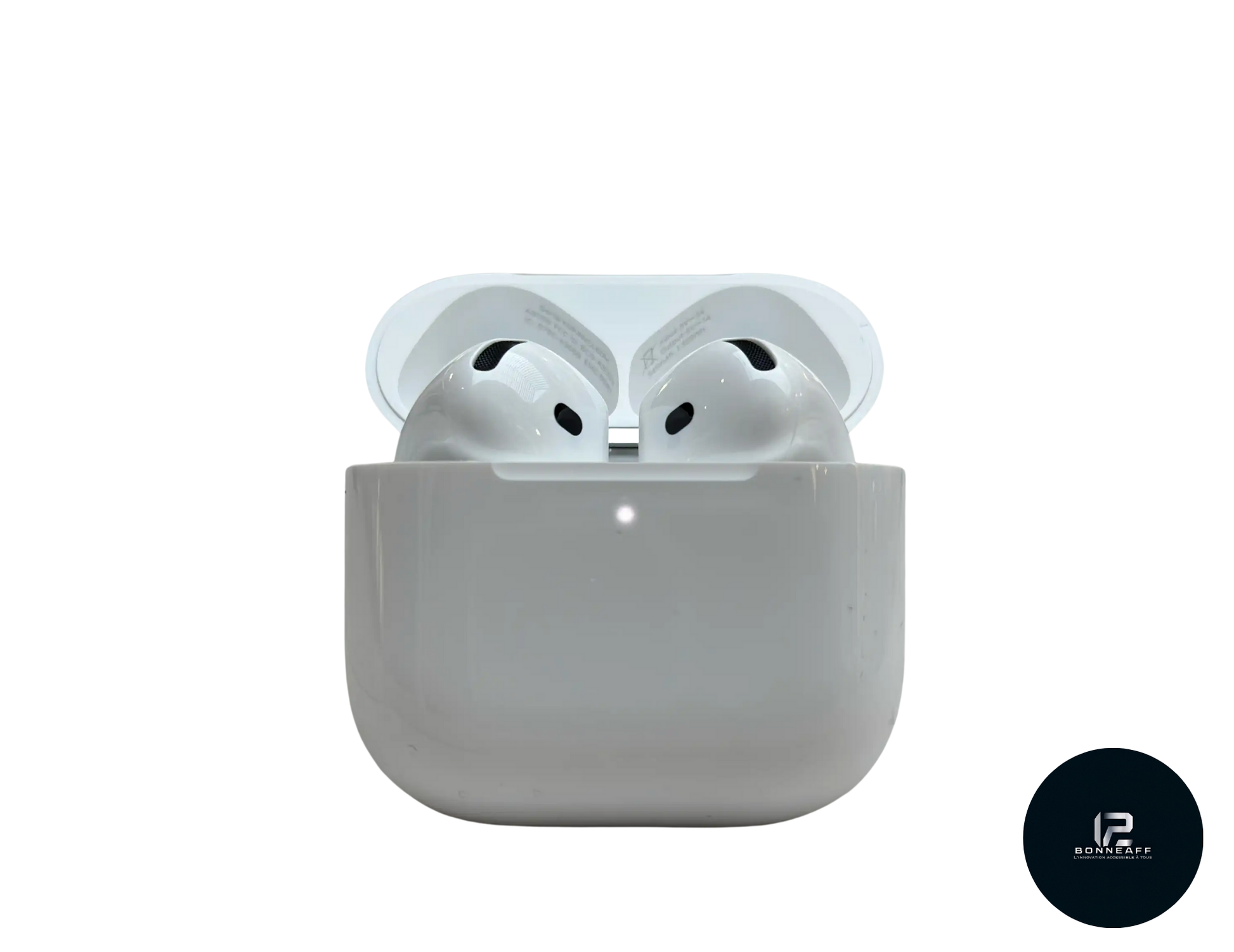 écouteurs sans fil, minipods 4, avec boitier ouvert et écouteurs dans le boitier. 